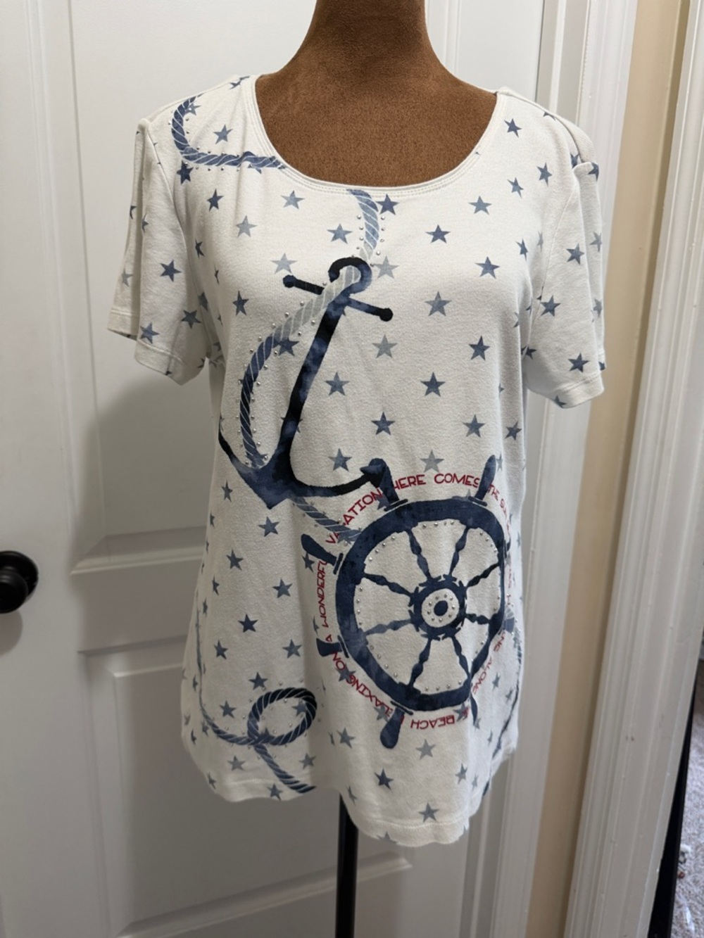 Karen Scott White Short Sleeve Tee with Navy Nautical Anchor & Wheel